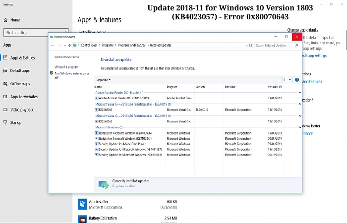 2018-11 update for windows 10 version 1803 for x64-based systems (kb4023057) - Error 0x80070643 (3)